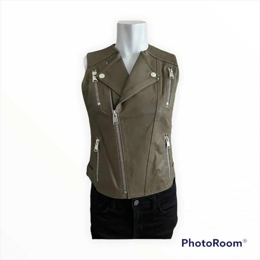 Anine Bing Olive Green Lamb Leather Moto Vest Sleeveless XS